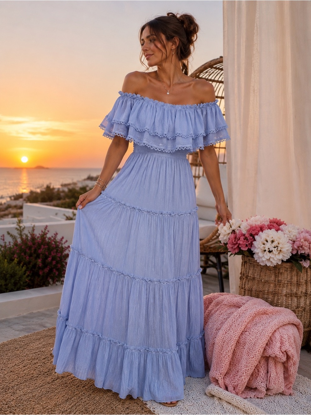 Ee:some Periwinkle Blue Off Shoulder Tiered Maxi Dress Boho Romantic Gauze Small